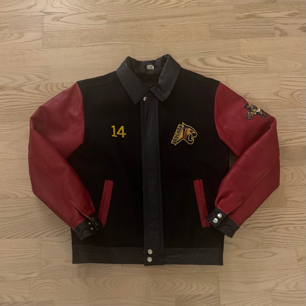 Men's Black and Red Varsity Jacket with Number 14